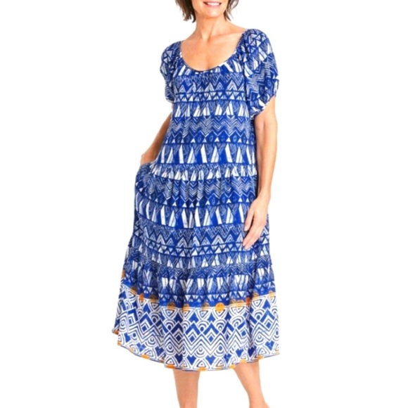 D8- NWT Knox Rose Blue White Pullover Midi Dress Boho Pockets MuuMuu Sz Medium - Picture 1 of 9
